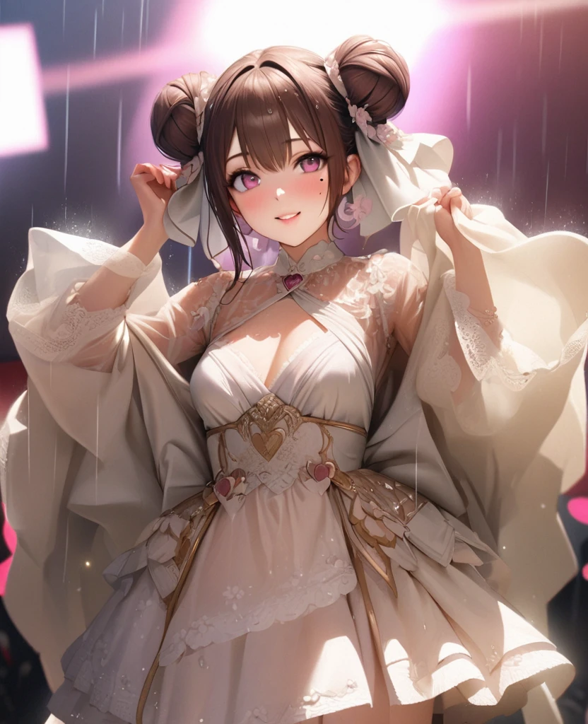 One Girl、Looking at the audience、lovely,
Beautiful pink eyes、Two brown double hair buns , Mole under the eye、Plump and glossy lips、Heart-shaped choca、Idol、Her name is May,smile、ー、。.。.。.。.。.。.。.。.。.。.。.。.。.。.。.。.。.。.3D、Realistic、
The idol's costume was soaked in the heavy rain, and her chest was wet and transparent.Heavy rain at outdoor concert, Drape clothes、gem、The decoration has been removed、Floral、Lace trim,On a glittering stage、
masterpiece、highest quality、8k、Detailed skin texture、Detailed cloth texture、Beautifully detailed face、Intricate details、Very detailed、
超A high resolution、8k Ultra HD、Film Grain、Best Shadow、delicate、Gazing at the audience、front