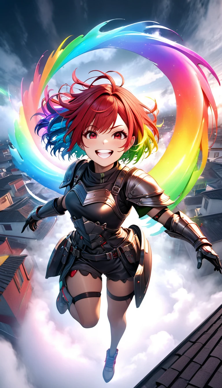 From above, Highest quality, Highest quality, 16K, Unbelievably absurd, Very detailed, 3D, delicate and dynamic, Ruthless, Cool and beautiful female warrior, Shining Rainbow Perspective, Rainbow colored messy wavy short hair, Captivating look, Excited expression, Teasing Smile, Grin, Mischievous Smile, Heavy Armor,Ominous Aura Swirl Effect, Background Rooftop , Big Red Full Moon, Exposed Steel, Flying glass, spark, cigarette, fog, Spooky atmosphere colors, Slow-motion effect, Dark fantasy