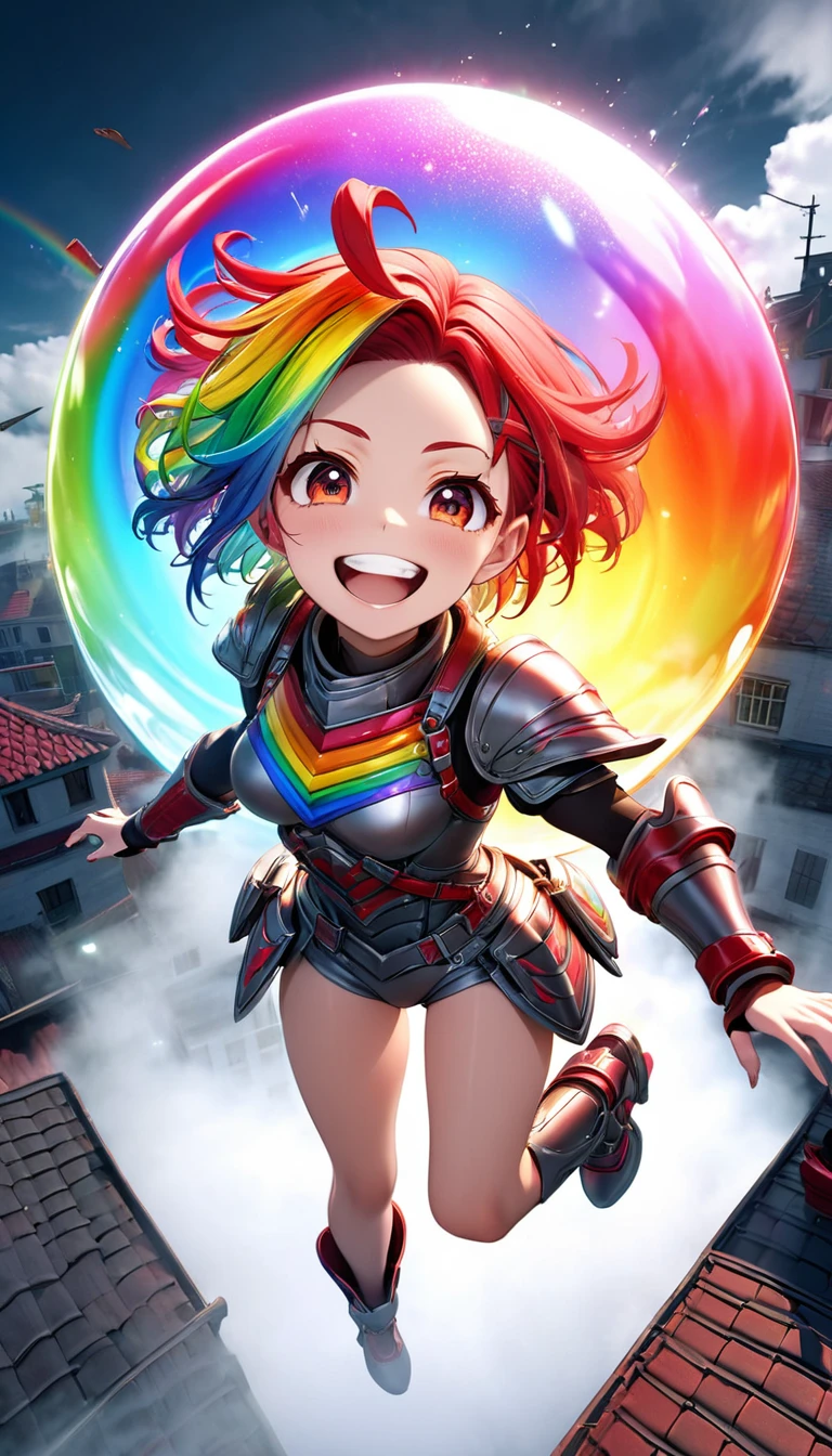 From above, Highest quality, Highest quality, 16K, Unbelievably absurd, Very detailed, 3D, delicate and dynamic, Ruthless, Cool and beautiful female warrior, Shining Rainbow Perspective, Rainbow colored messy wavy short hair, Captivating look, Excited expression, Teasing Smile, Grin, Mischievous Smile, Heavy Armor,Ominous Aura Swirl Effect, Background Rooftop , Big Red Full Moon, Exposed Steel, Flying glass, spark, cigarette, fog, Spooky atmosphere colors, Slow-motion effect, Dark fantasy