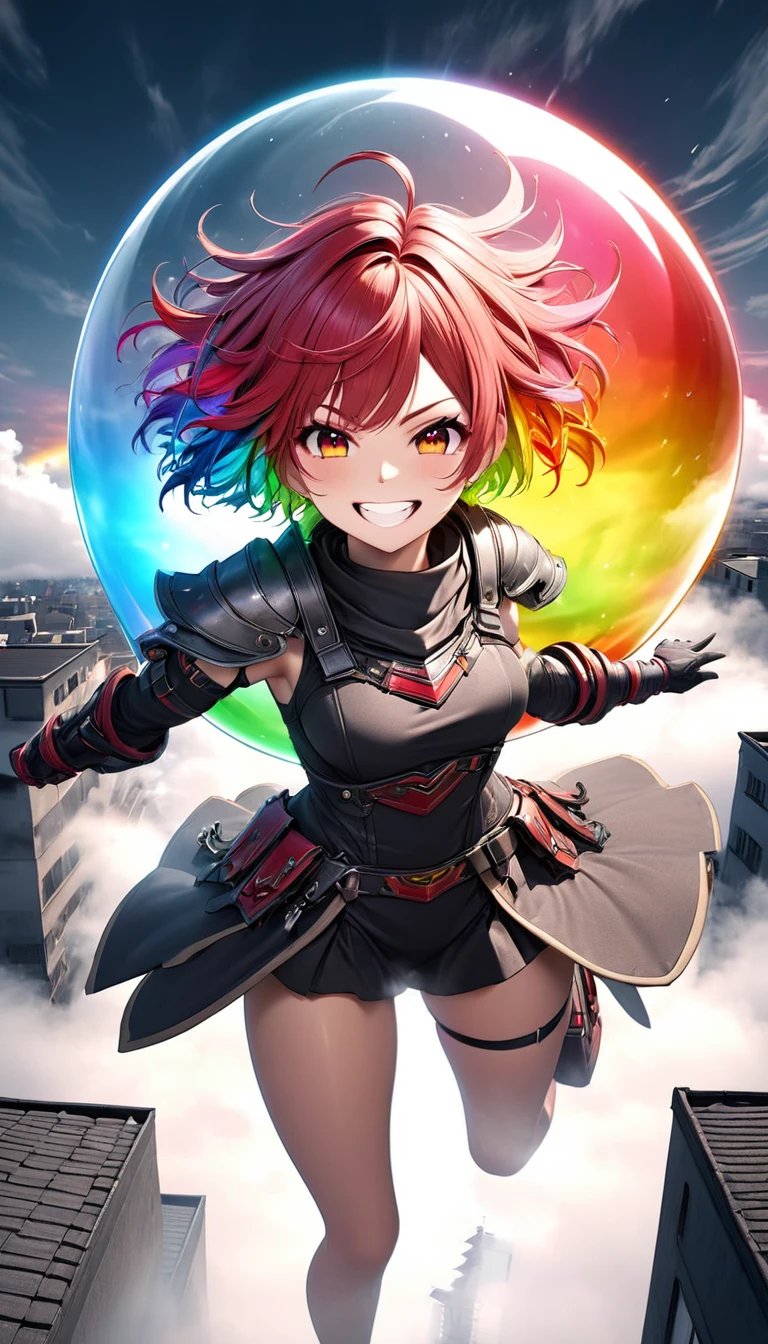 From above, Highest quality, Highest quality, 16K, Unbelievably absurd, Very detailed, 3D, delicate and dynamic, Ruthless, Cool and beautiful female warrior, Shining Rainbow Perspective, Rainbow colored messy wavy short hair, Captivating look, Excited expression, Teasing Smile, Grin, Mischievous Smile, Heavy Armor,Ominous Aura Swirl Effect, Background Rooftop , Big Red Full Moon, Exposed Steel, Flying glass, spark, cigarette, fog, Spooky atmosphere colors, Slow-motion effect, Dark fantasy