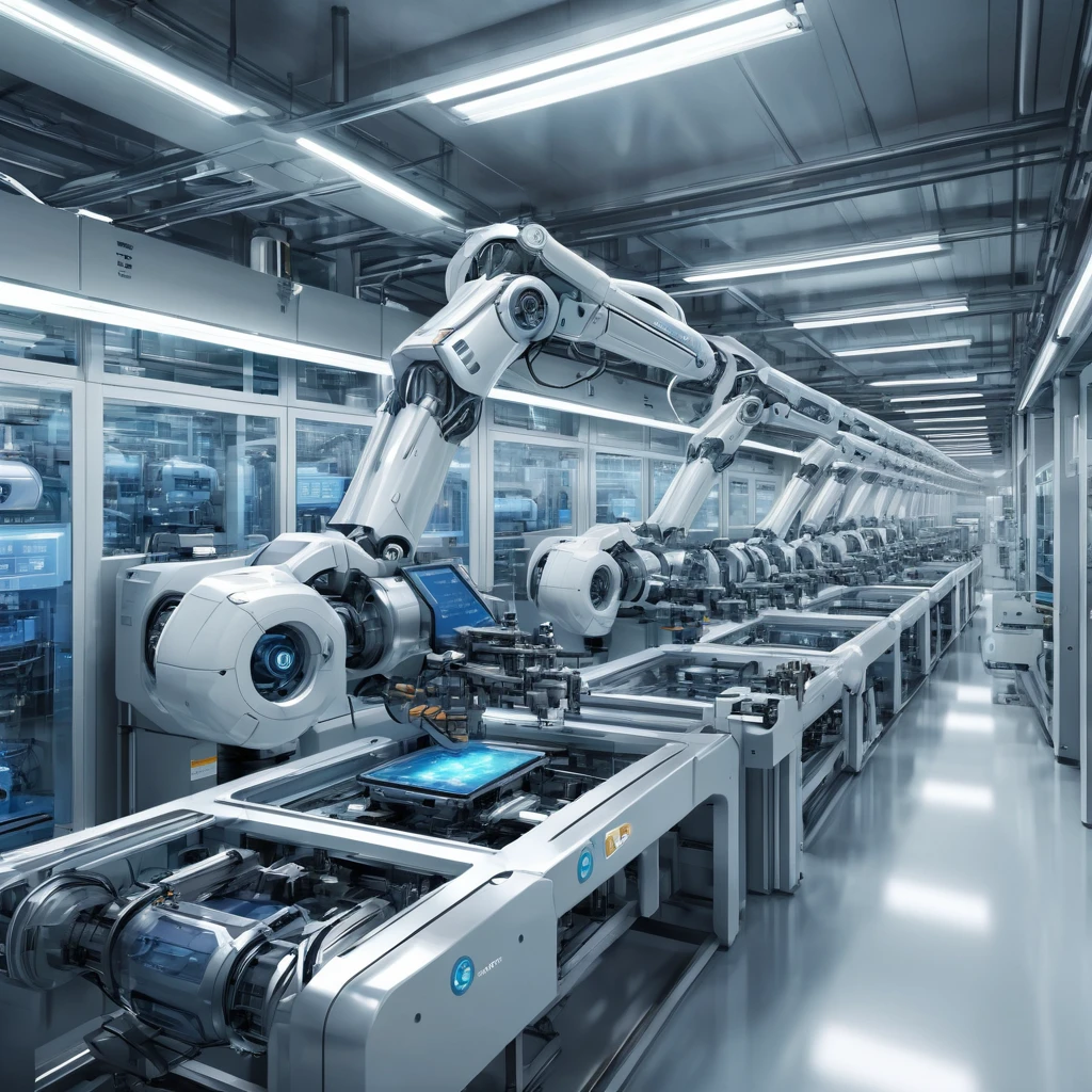 Create an incredibly intricate and visually stunning image featuring "Advanced Machinery." Picture a vast, high-tech industrial complex with towering, sleek machinery that seems almost alive with complexity and precision. The scene is set in a futuristic factory where robots and automated systems work in perfect harmony, assembling advanced technological components with incredible speed and accuracy.
In the foreground, focus on a particularly impressive piece of machinery: a massive, multi-armed robotic arm delicately manipulating microchips and nanomaterials, its joints and gears glowing with internal energy. The machinery is surrounded by holographic interfaces and digital readouts, providing real-time data and control information.
The background showcases the scale of the factory, with rows of similar high-tech machines, interconnected by glowing conduits and transparent tubes transporting materials at high speeds. Overhead, a network of robotic drones zips through the air, coordinating tasks and ensuring efficiency.
The color palette should be a mix of metallic silvers, deep blues, and vibrant neon accents, creating a sleek and futuristic atmosphere. Use detailed textures and lighting to highlight the sophistication and advanced nature of the machinery. The entire image should evoke a sense of awe and wonder at the capabilities of future technology, blending realism with imaginative design to create a truly unique and fantastic scene.
