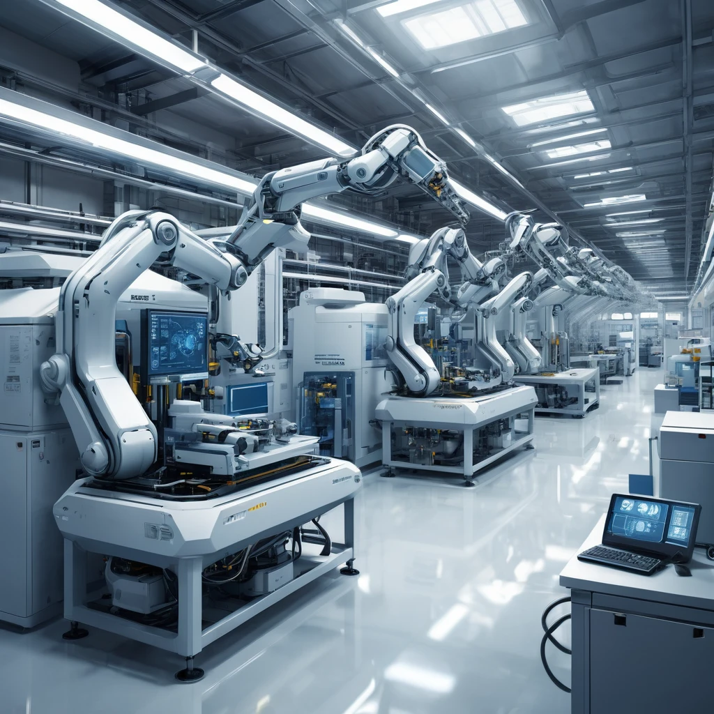 Create an incredibly intricate and visually stunning image featuring "Advanced Machinery." Picture a vast, high-tech industrial complex with towering, sleek machinery that seems almost alive with complexity and precision. The scene is set in a futuristic factory where robots and automated systems work in perfect harmony, assembling advanced technological components with incredible speed and accuracy.
In the foreground, focus on a particularly impressive piece of machinery: a massive, multi-armed robotic arm delicately manipulating microchips and nanomaterials, its joints and gears glowing with internal energy. The machinery is surrounded by holographic interfaces and digital readouts, providing real-time data and control information.
The background showcases the scale of the factory, with rows of similar high-tech machines, interconnected by glowing conduits and transparent tubes transporting materials at high speeds. Overhead, a network of robotic drones zips through the air, coordinating tasks and ensuring efficiency.
The color palette should be a mix of metallic silvers, deep blues, and vibrant neon accents, creating a sleek and futuristic atmosphere. Use detailed textures and lighting to highlight the sophistication and advanced nature of the machinery. The entire image should evoke a sense of awe and wonder at the capabilities of future technology, blending realism with imaginative design to create a truly unique and fantastic scene.