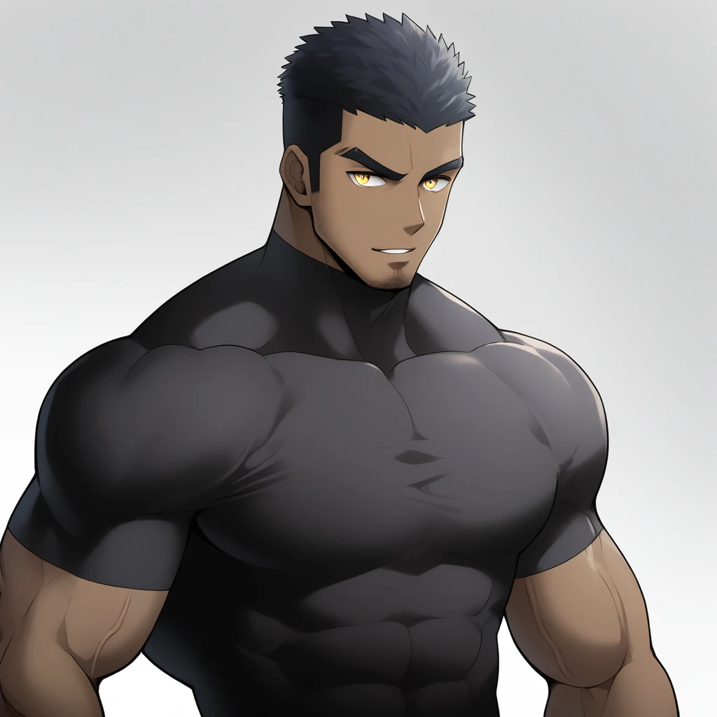 one negro, anime characters:Gyee, Hibino Kafka, Muscle Sports Student, negro black skin, Very Black, 1 muscular tough guy, Manliness, male focus, Dark grey turtleneck tight T-shirt, Regular symmetrical pattern, Very tight, The pectoral muscles are oversized, muscular male, muscular, only, Upper body, alone, Black short hair, Thick eyebrows, stubble, Yellow eyes, White background, simple background, amazing quality, best aesthetics, Ridiculous, bright pupils, crew cut, parted lips, seductive smile, torogao, naughty face, best quality