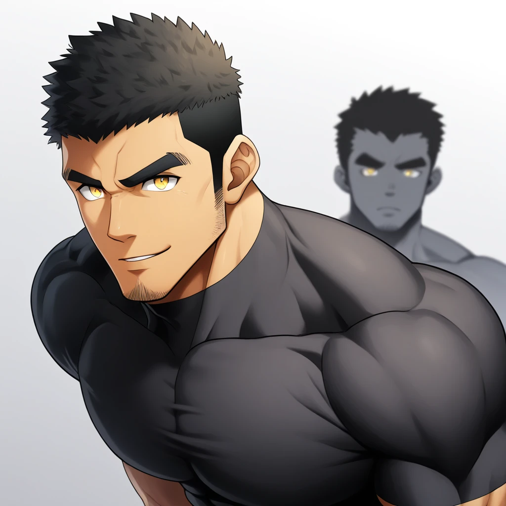 one negro, anime characters:Gyee, Hibino Kafka, Muscle Sports Student, negro black skin, Very Black, 1 muscular tough guy, Manliness, male focus, Dark grey turtleneck tight T-shirt, Regular symmetrical pattern, Very tight, The pectoral muscles are oversized, muscular male, muscular, only, Upper body, alone, Black short hair, Thick eyebrows, stubble, Yellow eyes, White background, simple background, amazing quality, best aesthetics, Ridiculous, bright pupils, crew cut, parted lips, seductive smile, torogao, naughty face, best quality