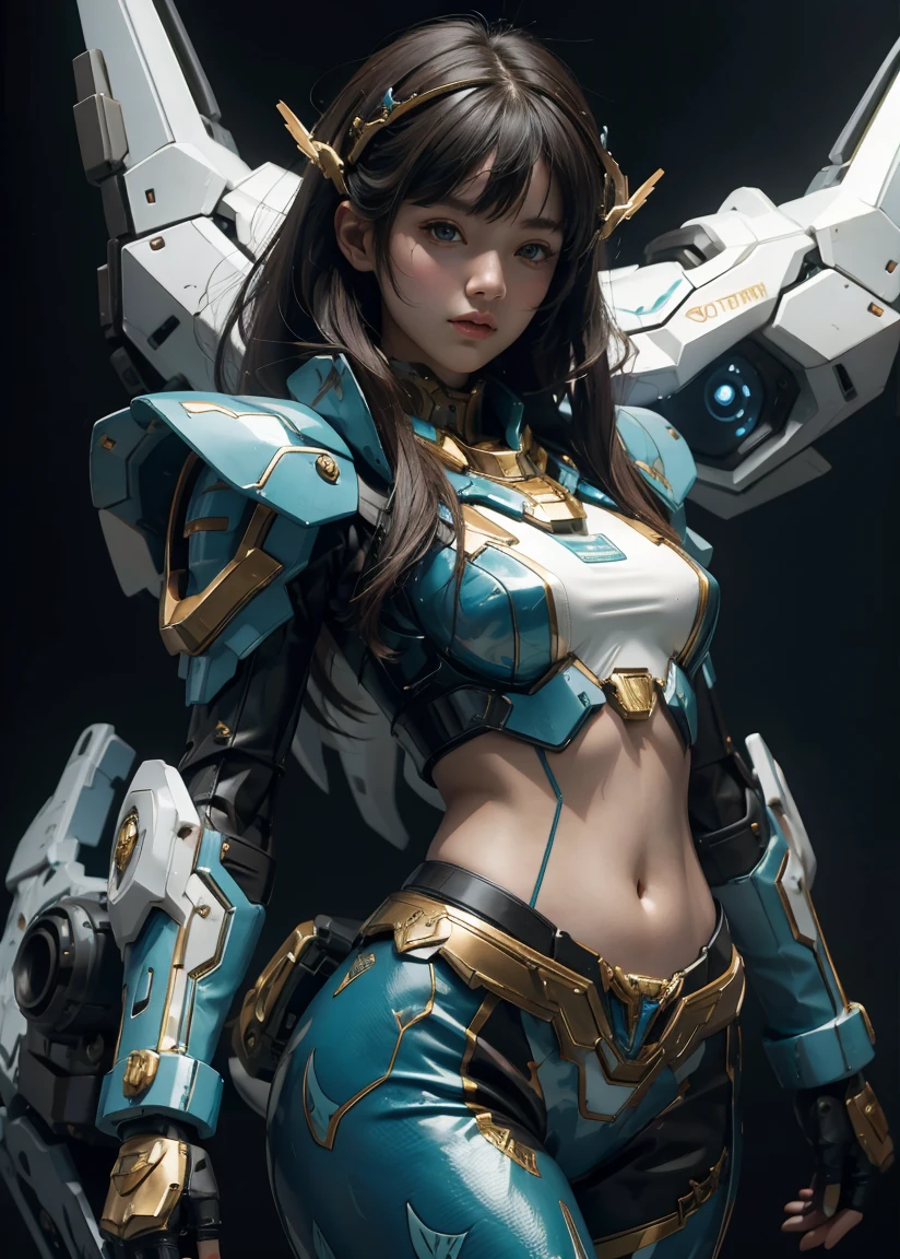 Textured Skin, Super Detail, High Detail, high quality, best quality, high resolution, 4K, harddisk, beautiful,(Gundam),beautiful女人,Mecha Girl,Battle Mode,Mecha Girl,She wears a futuristic Gundam mecha,cowboy shot，barebelly，navel，Showing belly，The abdomen is completely bare，Mermaid Line