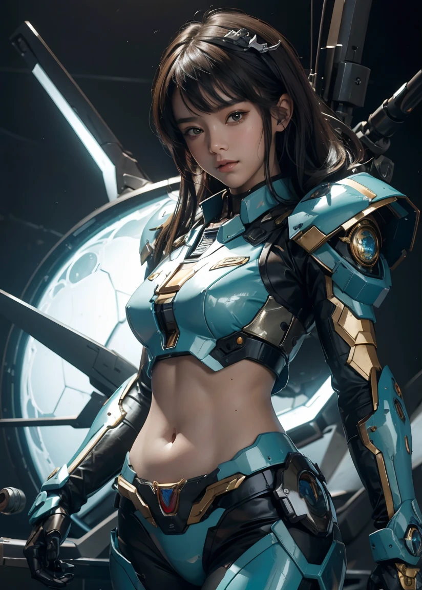 Textured Skin, Super Detail, High Detail, high quality, best quality, high resolution, 4K, harddisk, beautiful,(Gundam),beautiful女人,Mecha Girl,Battle Mode,Mecha Girl,She wears a futuristic Gundam mecha,cowboy shot,barebelly,navel,Showing belly,The abdomen is completely bare,Mermaid Line
