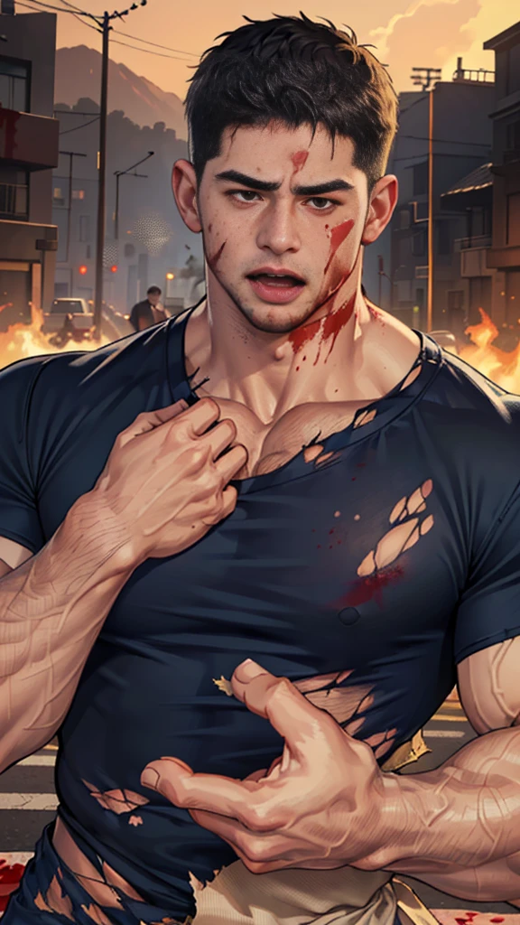 (Create a masterpiece: 1.2),(CGI art:1.3),(realistic:1.5),(After processing:1.3),(Sharp focus:1.3), (man Fight, join in battle:1.5 ),sunglass, straight, front ,Chris Redfield ,(black hair), smile open mouth, (Wear color navy round neck T-shirt: 1.5), (with a Police badge: 1.2), navy cargo, (Torn shirt:1.6), (wound: 1.3) , (blood splatters) ,( abrasions on face: 1.5), (Blood stains on the face and body: 1.4), Korean guy , korean men, (High gloss details), chest muscles, large arm muscles, blood vessel, Big muscles, Broad shoulders, looking at the audience, Balancing the eyes, middle of the road,(Fire blazes behind) ,(open mouth:1.6)