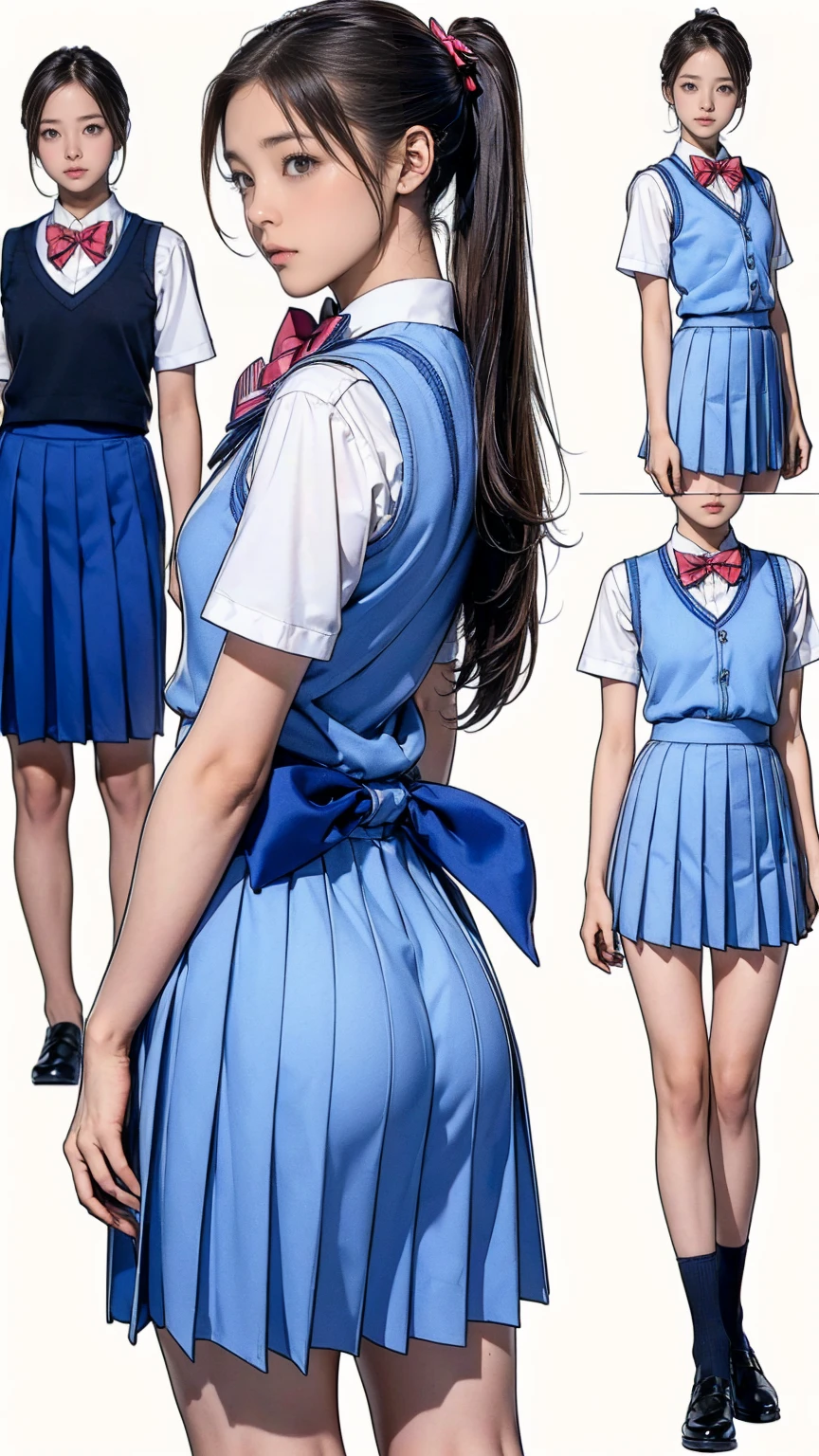 ((masterpiece)),(((Highest quality))),((Reference Sheet, Character Design, front, Rear View, ~ side, Mr..々Hairstyle, Mr..々Performance, Facial Performances)), 14-year-old girl, Cute type, (Very slim:1.4), (Very small ass:1.4), Realistic buttocks, Large Breasts, Short Bob, Thin thighs, Long legs, ((High quality fabric, Knitted Vest, Short sleeve shirt, Pleated skirt, A bow tie, school uniform)), ((Browsing Caution:1.0))