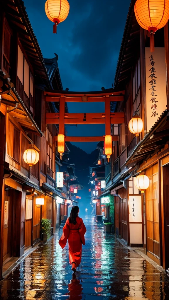 A girl, back hair with poney tall, wearing red kimono, He is looking at me, his face is lit up, his eyes are very bright.arafed view of a village with a lot of lights on the buildings, dreamy chinese town, chinese village, amazing wallpaper, japanese town, japanese village, hyper realistic photo of a town, old asian village, japanese city, by Raymond Han, rainy evening, cyberpunk chinese ancient castle, beautifully lit buildings, at evening during rain, beautiful and aesthetic, photography, cinematic, 8k, high detailed ((Heavy rain)))