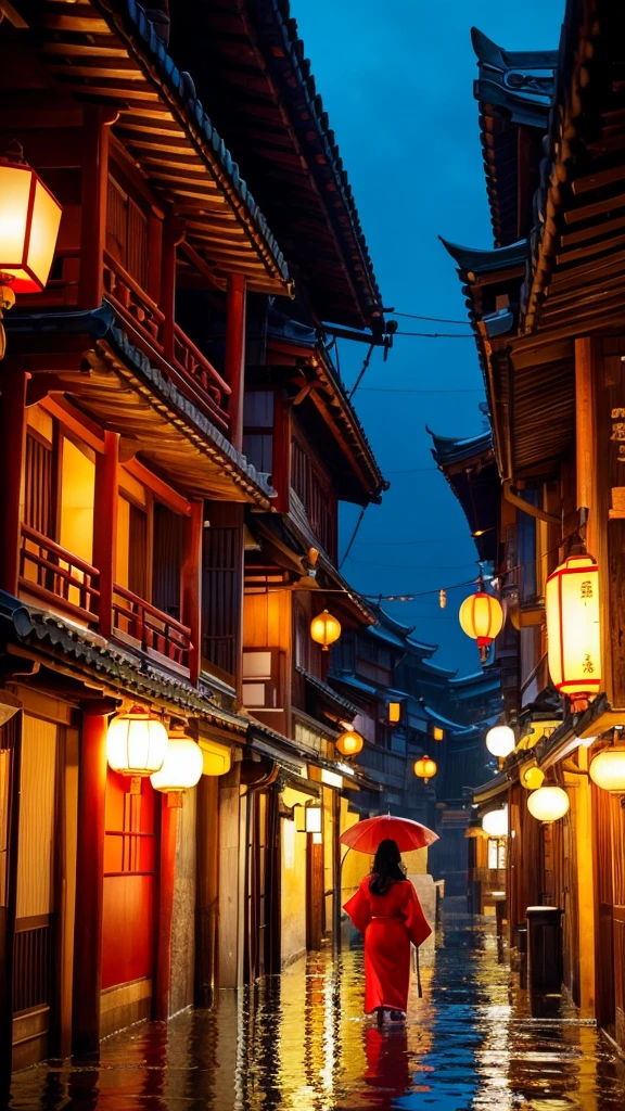 A girl, back hair with poney tall, wearing red kimono, He is looking at me, his face is lit up, his eyes are very bright.arafed view of a village with a lot of lights on the buildings, dreamy chinese town, chinese village, amazing wallpaper, japanese town, japanese village, hyper realistic photo of a town, old asian village, japanese city, by Raymond Han, rainy evening, cyberpunk chinese ancient castle, beautifully lit buildings, at evening during rain, beautiful and aesthetic, photography, cinematic, 8k, high detailed ((Heavy rain)))