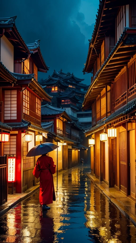 A girl, back hair with poney tall, wearing red kimono, He is looking at me, his face is lit up, his eyes are very bright.arafed view of a village with a lot of lights on the buildings, dreamy chinese town, chinese village, amazing wallpaper, japanese town, japanese village, hyper realistic photo of a town, old asian village, japanese city, by Raymond Han, rainy evening, cyberpunk chinese ancient castle, beautifully lit buildings, at evening during rain, beautiful and aesthetic, photography, cinematic, 8k, high detailed ((Heavy rain)))