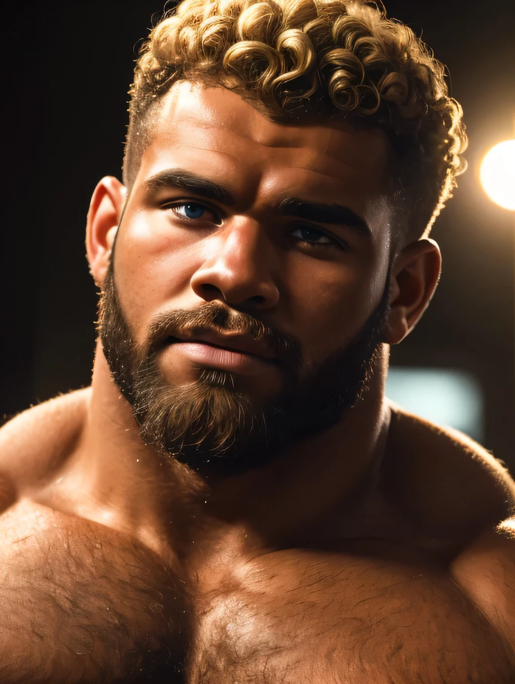 extreme close-up, close-up on face, solo, black male, 24yo strongman, confident, beefy, (curly blonde, hairy, hirsute), romantic, handsome, (sharp focus, soft lighting, film photography, photorealistic, hyperreal),