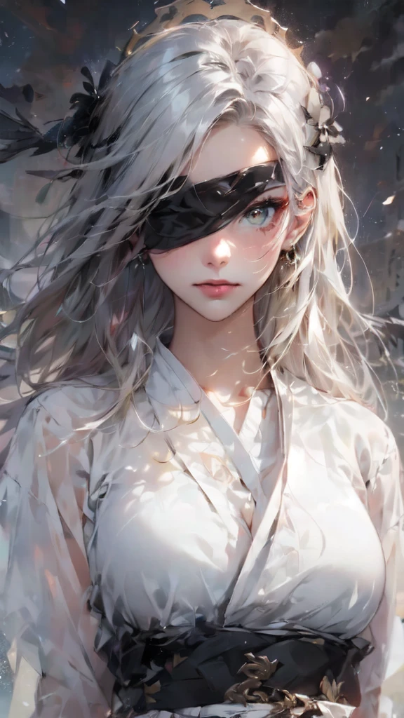 A beautiful girl wearing a white and black cloth covering her eyes，Silver hair，There is a pair of colorful wings on the temples，White Dress，The clothes have golden patterns，Looking down at the audience，Floating in the air，The background is a bright sky，White clouds fluttering，There is a huge golden halo behind，Wings above the head，Big breasts