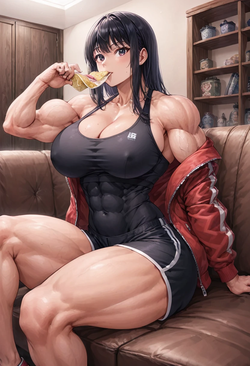 Anime, 2d anime, cartoon anime, detailed illustration, dynamic angle, ultra-detailed, illustration, 1girl, late 20’s year old, Big woman, very tall, broad shoulders, silky long black hair, muscular, tone body, a little bulky, muscular arms, wide shoulders, tall woman, night time, Evning, sitting on couch, in black sports bra, black short gym shorts, in a nice house, living room, dark wood panel walls, dark hard wood floors, wearing a red jacket unzipped, eating from a bag of chips,