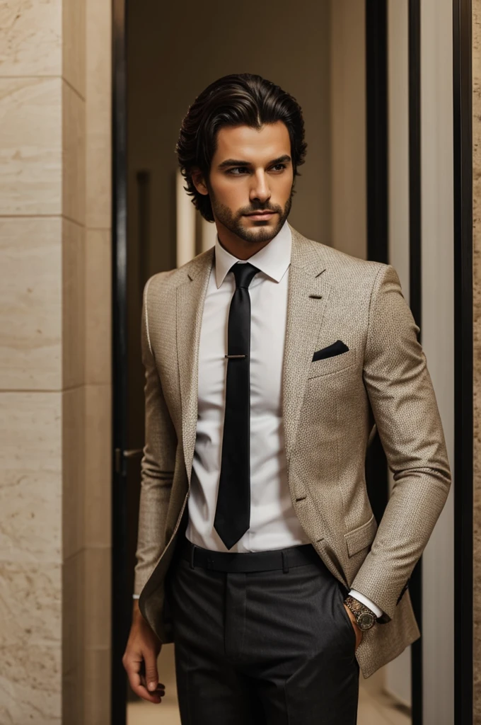 una mujer adulta con una presencia seria y confiada. Su cabello es blanco como la nieve, largo y liso, cayendo elegantemente sobre sus hombros. Sus ojos son de un verde esmeralda profundo, brillantes y penetrantes. He wears a formal suit consisting of a well-fitting black shirt and long dark brown pants that complements his sophisticated style.. His posture is imposing and his expression, aunque seria, It has a touch of mystery that invites you to learn more about it.