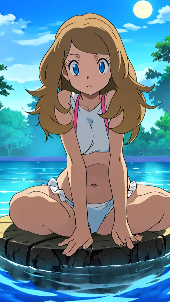 {{ultra-detailed}}, {{illustration}}, {{disheveled hair}}, {beautiful detailed eyes}, beautiful, amazing, detailed eyes, {{{masterpiece}}}, {realistic:0.5}, best quality, small , short hair with long locks, best quality, female, (first_person_view), solo_focus, (on beautiful detailed water:1.3), arms behind back, wariza, sit, yokozuwari, full body, moon, full moon, oppai big, 👙, huge breasts