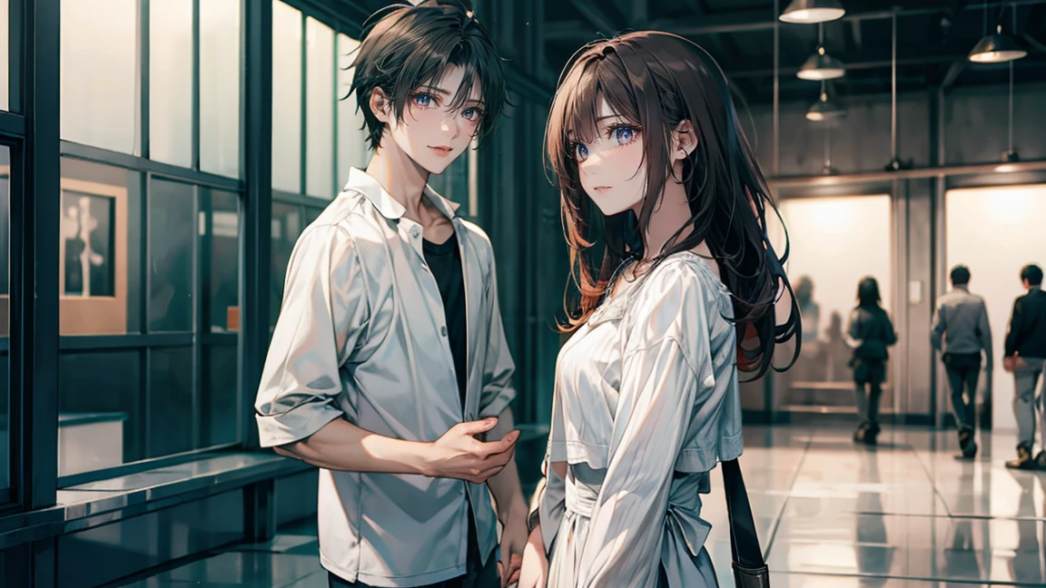 23 year old surreal girl,and a boy are walking side by side,two people,White casual attire,