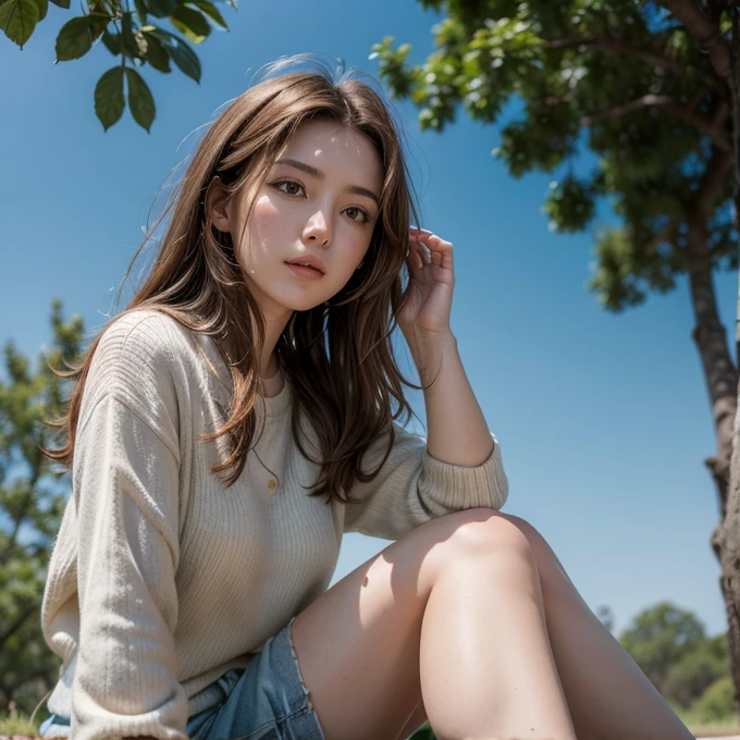 Woman, brown hair, sitting on a tree, looking at the Sky 