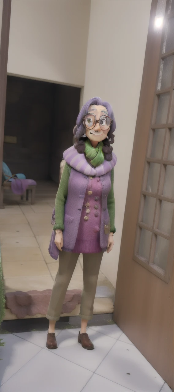 masterpiece, best quality, an old woman with glasses and a scarf on, wearing a purple coat and green scarf, standing at the park