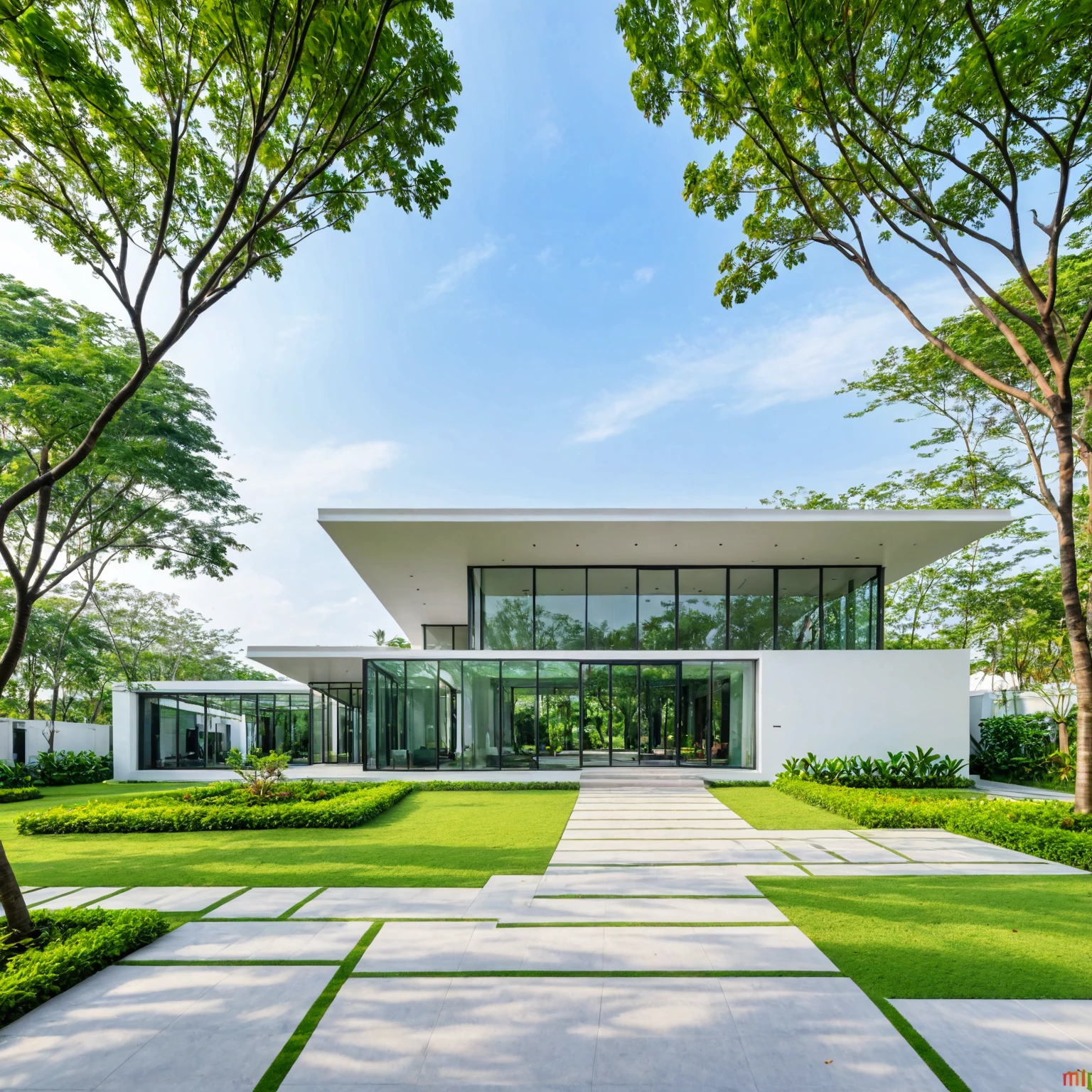 A modern minimalist style single-story villa with a flat roof, white walls and glass windows in Vietnam is surrounded by green lawns, ((road)), ((sidewalk)), ((sidewalk trees)), The overall architectural design features clean lines and simplicity, creating an elegant atmosphere. Use professional photography techniques to capture details and highlight the unique architecture of contemporary luxury houses in the style of minimalism