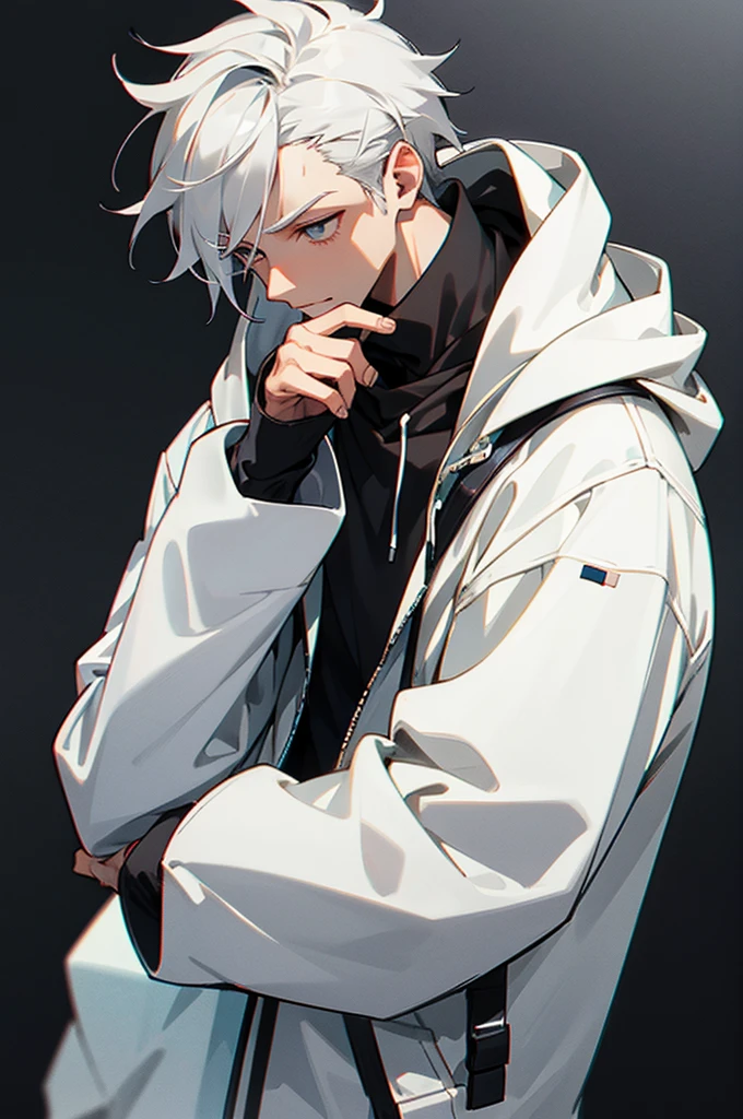 male　gray hair　icon　background white　Do not wear a hood　black hoodie　simple　
