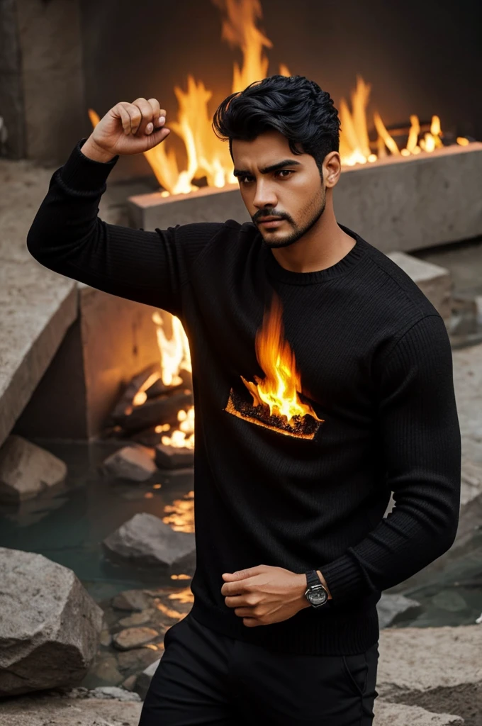 Personaje masculino con un sueter negro que pueda usar el fuego y el agua con el pelo negro