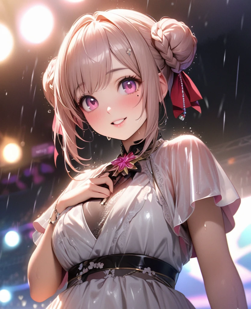 One Girl、Looking at the audience、lovely,
Beautiful pink eyes、Two brown double hair buns , Mole under the eye、Plump and glossy lips、Heart-shaped choca、Idol、Her name is May,smile、ー、。.。.。.。.。.。.。.。.。.。.。.。.。.。.。.。.。.。.3D、Realistic、
The idol's costume was soaked in the heavy rain, and her chest was wet and transparent.Heavy rain at outdoor concert, Drape clothes、gem、The decoration has been removed、Floral、Lace trim,On a glittering stage、
masterpiece、highest quality、8k、Detailed skin texture、Detailed cloth texture、Beautifully detailed face、Intricate details、Very detailed、
超A high resolution、8k Ultra HD、Film Grain、Best Shadow、delicate、Gazing at the audience、front