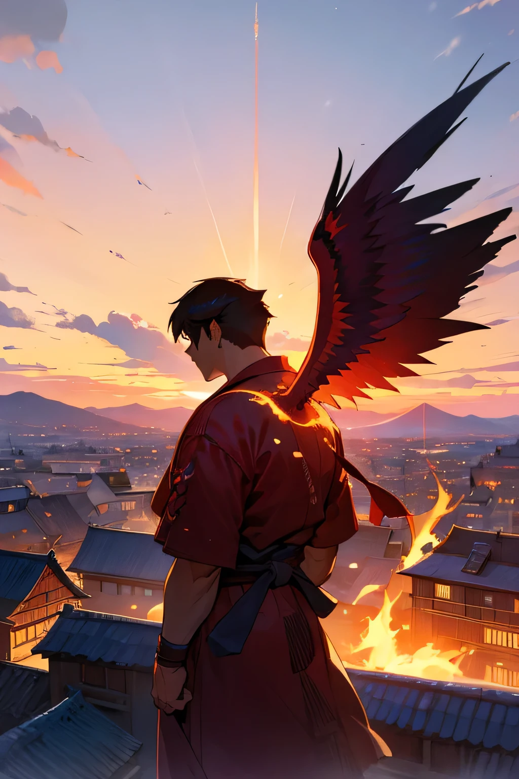 Man, behind, firebird, town, sunset, ryu.