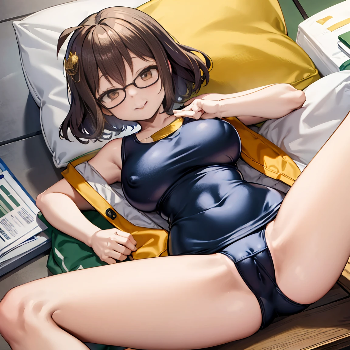 8k、masterpiece、Japanese、Woman wearing glasses、anise、from the front、smile、Childish、Big Breasts、Transparent school swimsuit、night、Bedroom、Spread your legs and show、Pee is yellow
