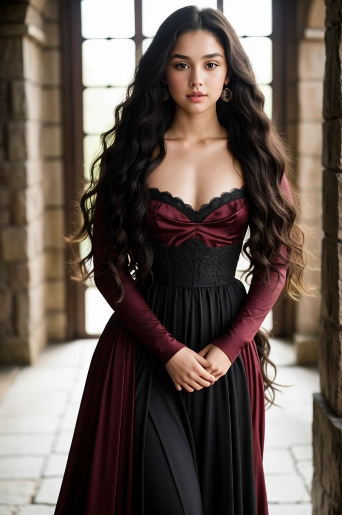 Shiera Targaryen if she had been the daughter of Raenhyra Targaryen and Harwing Strong With long, almost curly hair without as much volume and marked curls passing a little past the brown waist.
With Violet eyes With true beauty of a Targaryen A full body image.
Dressed like in the middle ages with inspiration from house of the dragon without neckline and being team black That she is ************ but has an adorable and unreal beauty Valiryos features