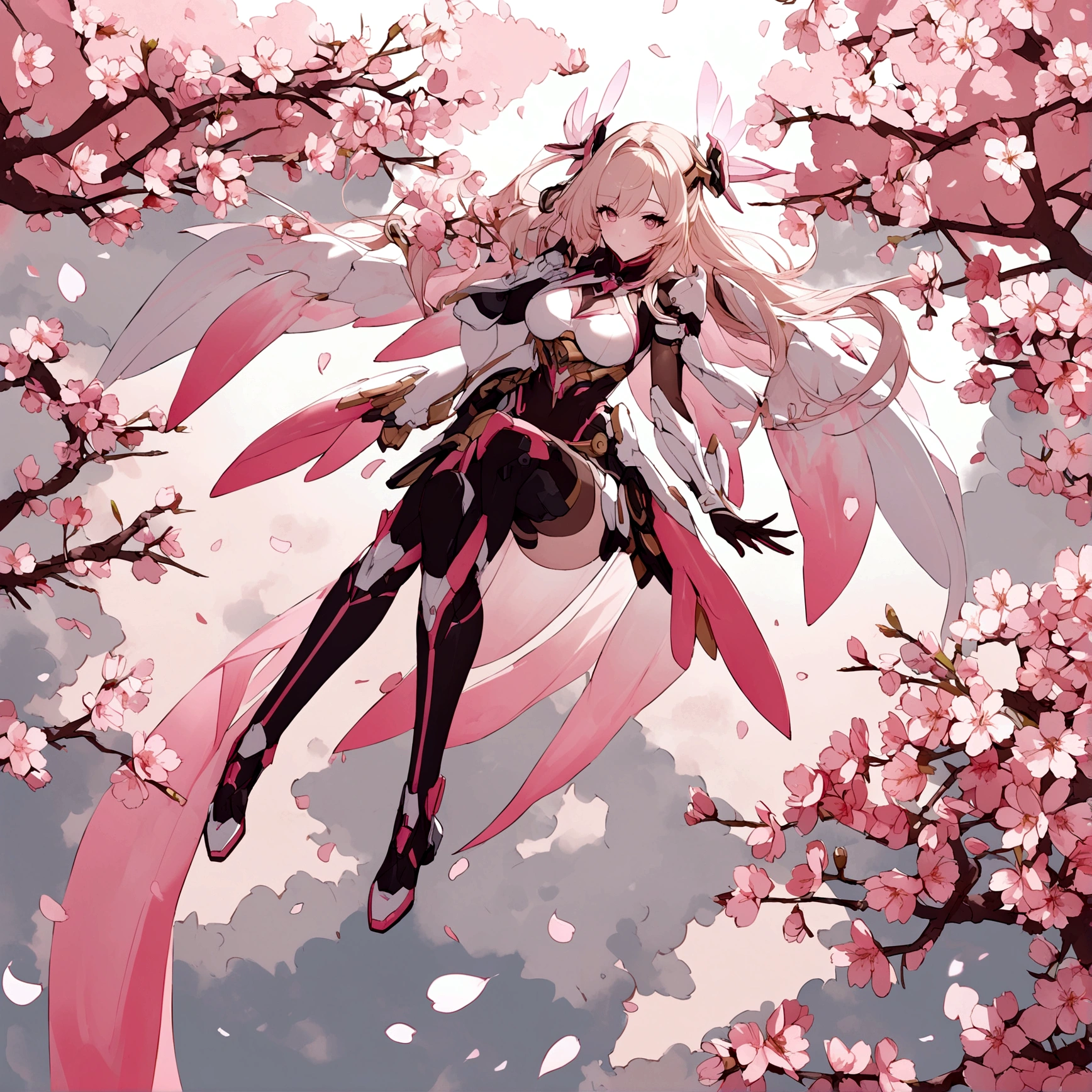 Pink mercy with long hair from overwatch surrounded by cherry blossoms in flight