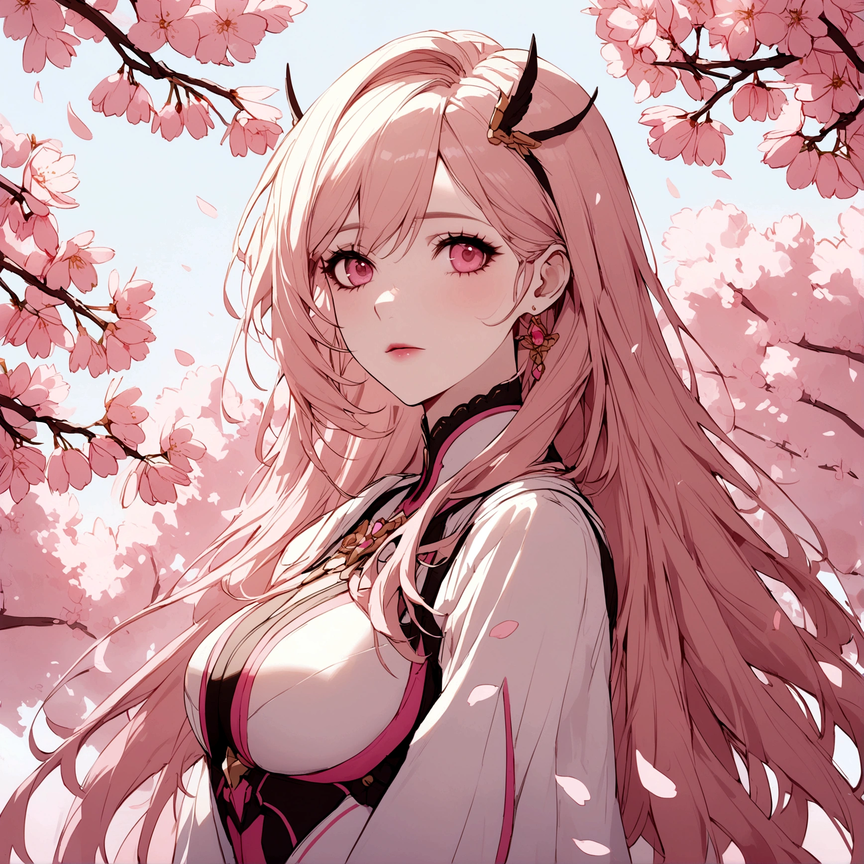 Pink mercy with long hair from overwatch surrounded by cherry blossoms in flight