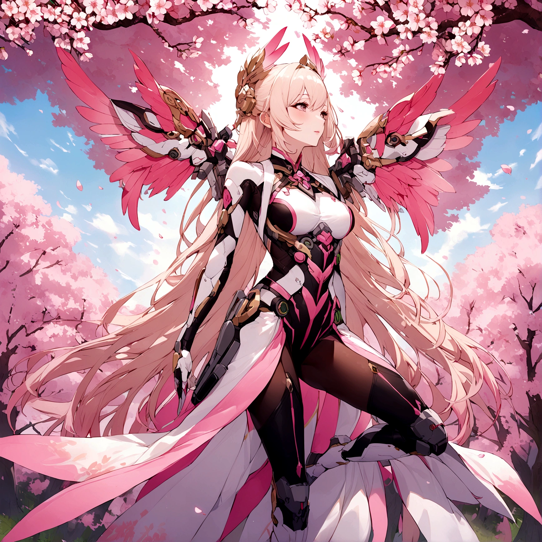 Pink mercy with long hair from overwatch surrounded by cherry blossoms in flight