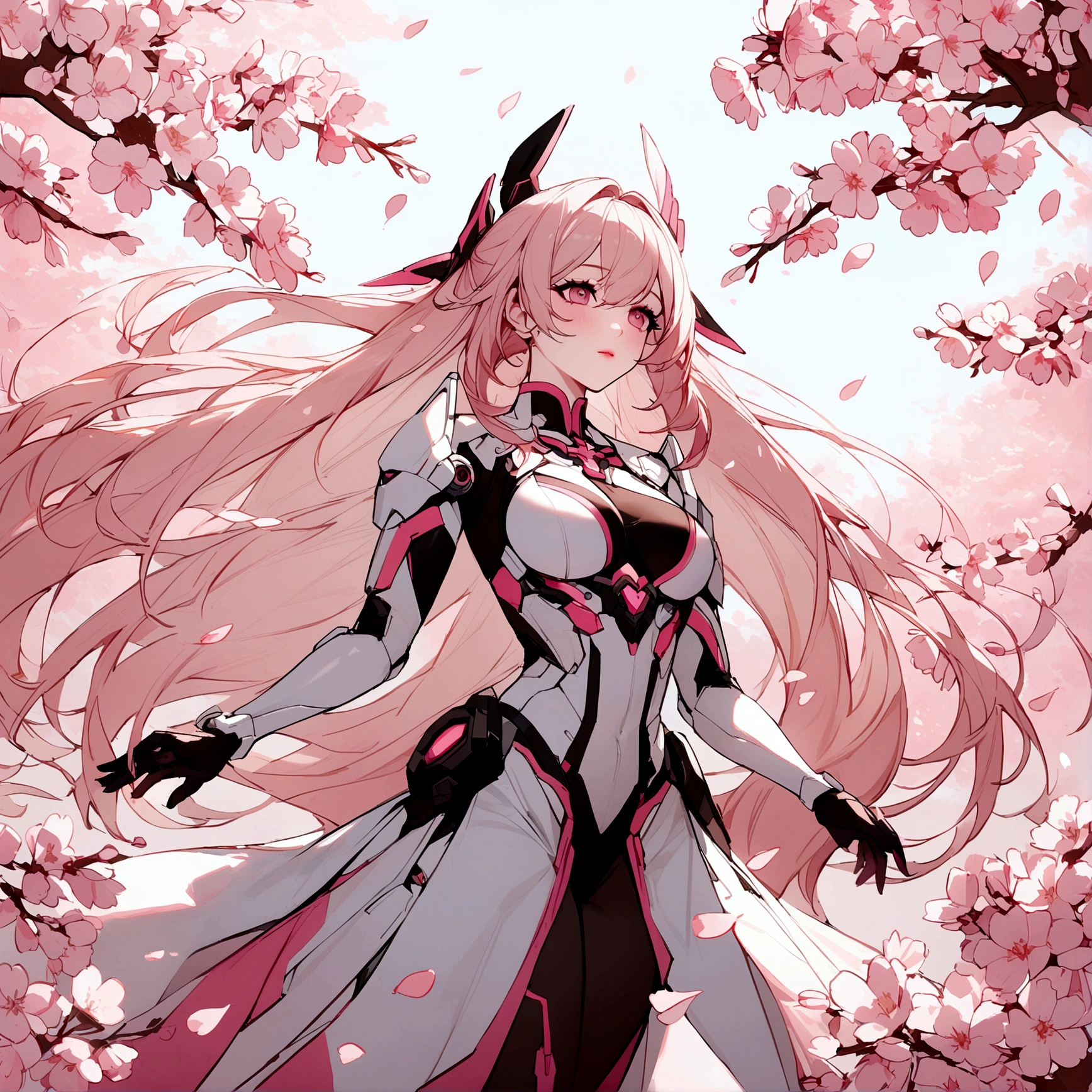 Pink mercy with long hair from overwatch surrounded by cherry blossoms in flight
