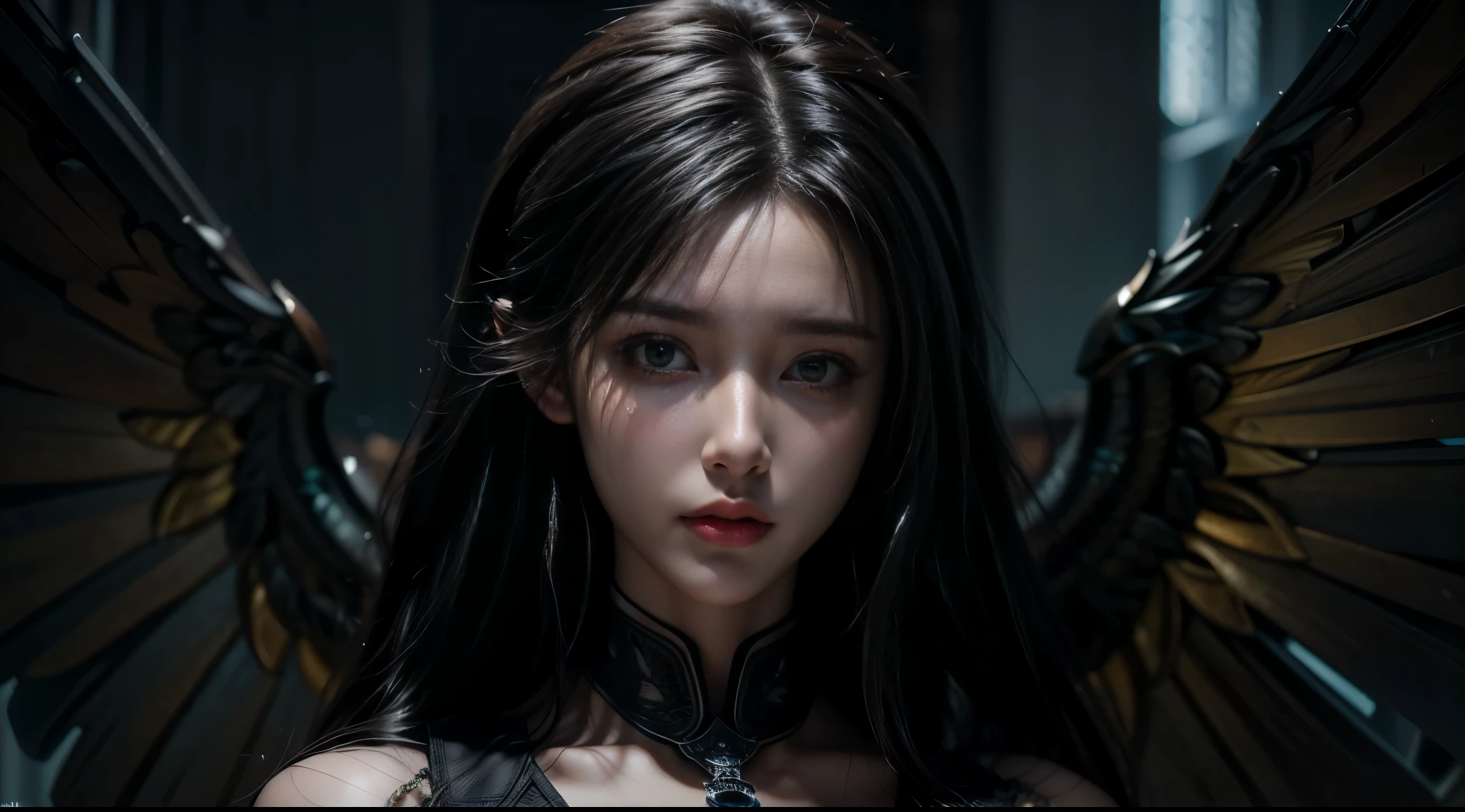 masterpiece,quality,Best quality,official art,(Beauty and aesthetics:1.2),(masterpiece:1.3), (8K, Realistically, RAW photo quality is the best: 1.4), Beautiful face, (Realistic face),Ultra-high resolution, Ultra-realistic photos, The content is very detailed, Golden Ratio, (Energetic:1.3),(saturation:1.3),Unreal Engine, (High Detail: 1.9),(woman:1.4),(Sexy body),Mature woman,Black wings background of future city,Mid-range portrait,drama,(magic),(middle Ages:1.8)