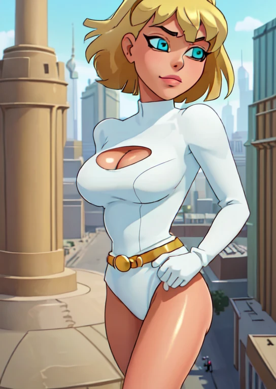 (cowboy shot), sfw, (masterpiece), (best quality:1.0), (ultra highres:1.0), detailed eyes, BREAK Galatea, 1girl, aqua eyes, short blonde hair, midair, flying, smug white leotard, gold belt, cleavage cutout BREAK (flying above the city streets, outdoors, gorgeous view)
