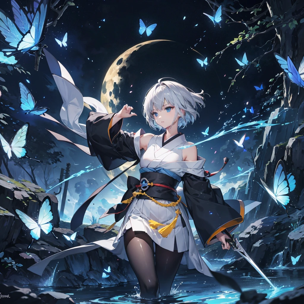 ((High resolution　Gray Hair　short hair　Black kimono　Black Band　military commander　Lonely　despair　blue eyes))　((Yellow butterfly　night　Japanese style　shoulder　old　Shining Aura　garden　water surface))　(dance　Blade of Darkness　Holding a sword　Slashing)　moon　star　Draw your sword　Slashing　Catch the wind　