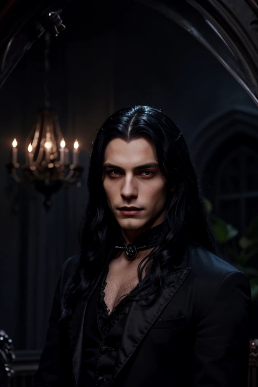 Lovely young handsome hetero Man Jinx Edward vampire with super big indigo eyes and gems and long black hair, with nice and delicate face, in a dark gothic magic castle with annie and claudia and Lestat, in Red Rose manor. Terror ambient. The more handsome man in the world. Night storm. Gothic scene. Cats eyes.
