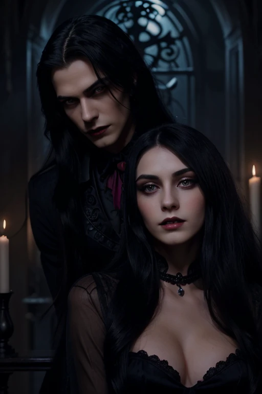A mysterious couple stands out in the darkness of the garden of red roses, illuminated only by the soft glow of the moon. She glides among the flowers in a black dress that blends with the night, her long black hair dancing in the wind. He stands beside her, imposing in a black overcoat, his bald head reflecting the moonlight as he envelops her with an enigmatic gaze. Together, they seem like figures from a dark tale, lost in a world of mystery and romance under the moonlight among the red roses.