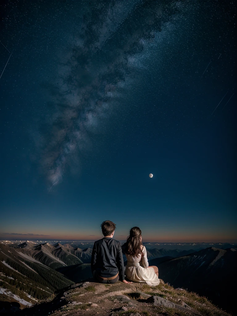A boy and girl on a mountain top sitting night sky filled with stars looking at two moons, two moons