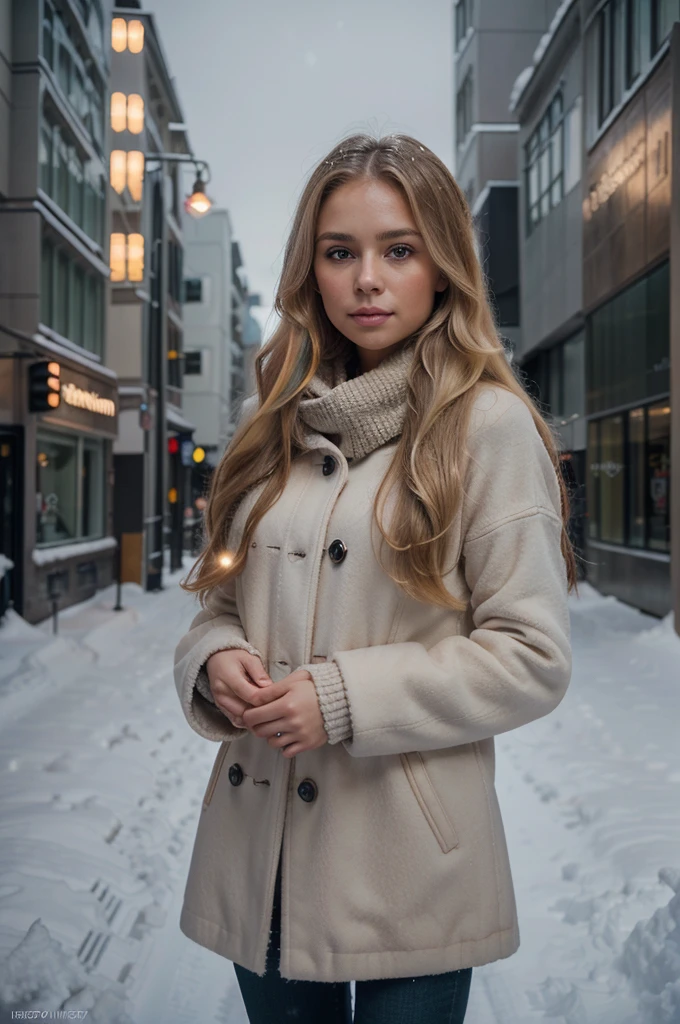 professional portrait photograph of a gorgeous Norwegian girl in winter clothing with long wavy blonde hair, sultry flirty look, gorgeous symmetrical face, cute natural makeup, wearing elegant warm winter fashion clothing, ((standing outside in snowy city street)), stunning modern urban environment, ultra realistic, concept art, elegant, highly detailed, intricate, sharp focus, depth of field, f/1. 8, 85mm, medium shot, mid shot, (((professionally color graded))), bright soft diffused light, (volumetric fog), trending on instagram, hdr 4k, 8k