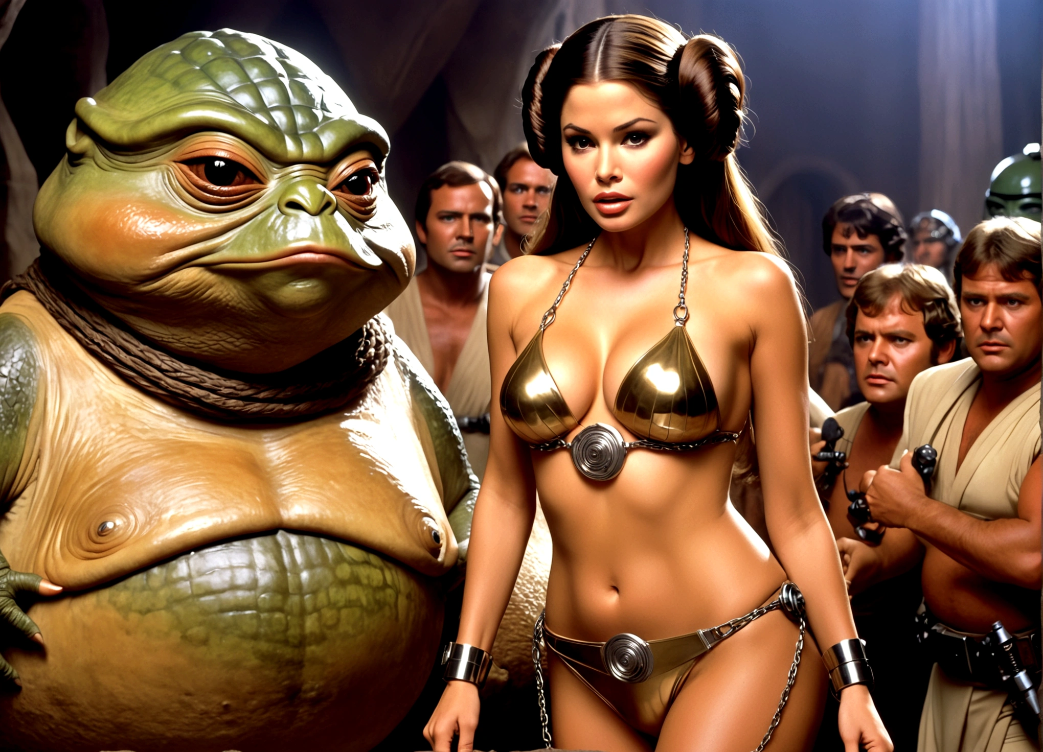Sofia Vergara (age 25) in the role of Princess Leia, wearing her iconic metal bikini slave outfit, is scolding Jabba for keeping the room so cold, she is chained to jabba