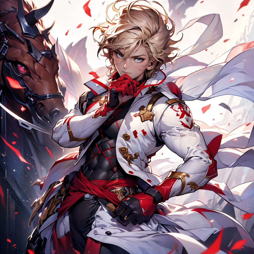 (white people、white skin、boy、20 generations)、(brown hair,short hair)、 highest quality, male focus,detailed face、Super high quality、thin waist、ripped abs、(red bodysuit、red high neck、white vest robe)、show your shoulders、strong armuscular thighs, wearing a sword, action pose