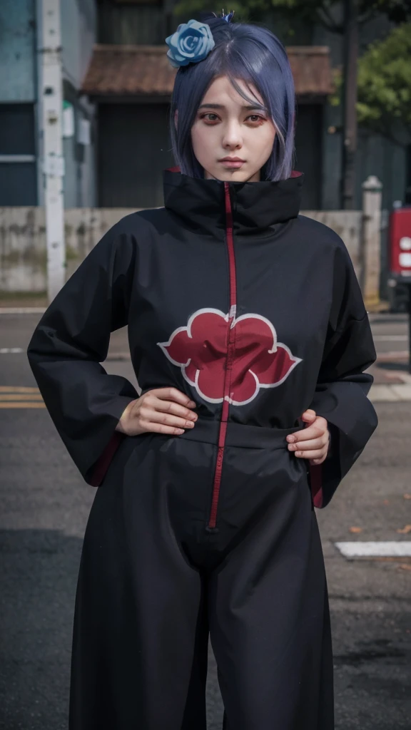 1girl,solo,konan \(naruto\),(upper body:1.2),akatsuki outfit,narrow waist,looking at viewer,masterpiece,best quality,absurdres,highly detailed,photo realistic,best shadow,dramatic lighting,depth of field,outdoors, hands on hip