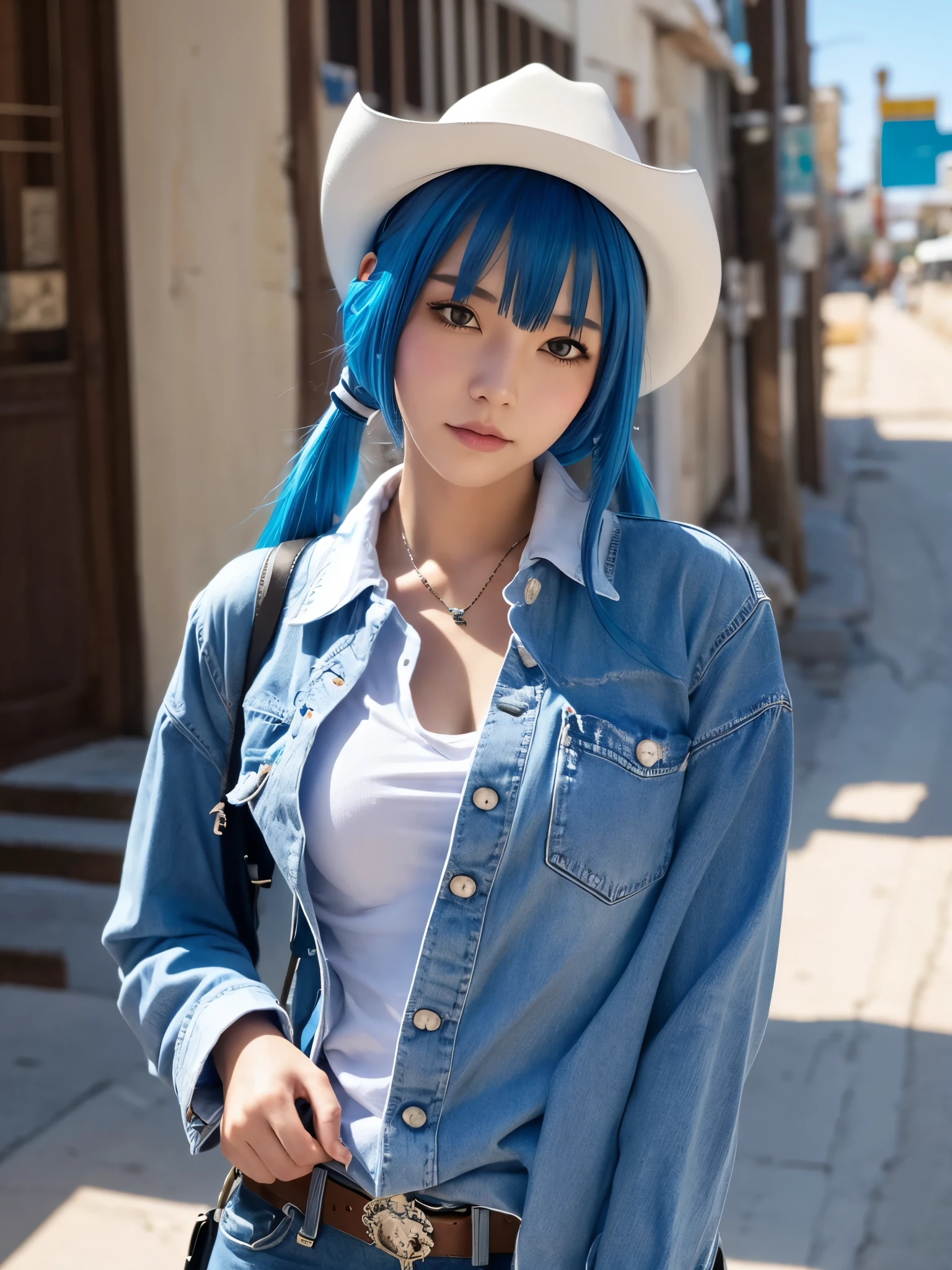 Masterpiece, best quality, ai-generated, cat girl
, Blue hair,cowboy shot,