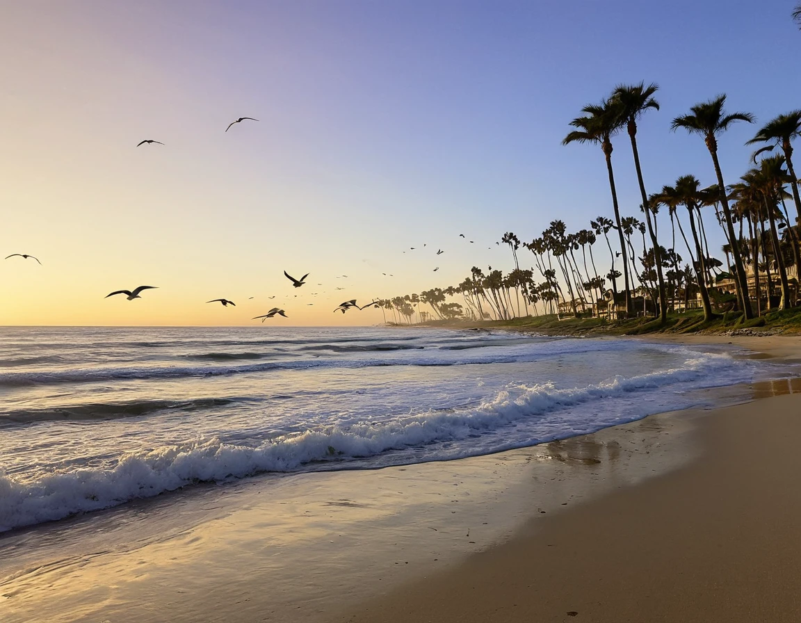 an eye contact of a blond with bun hair and dark theme , cute pos ,Depict a serene beach at sunrise, with gentle waves lapping at the shore, seagulls soaring in the early morning light, and palm trees swaying gently in the breeze, background no blur