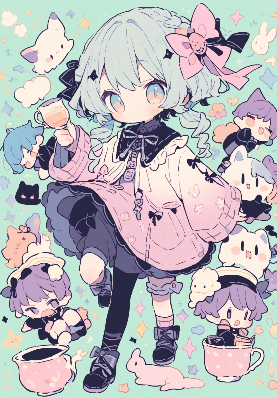 tegaki chibi 5boys pastel colors gradient flat chest Gothic full body teaparty