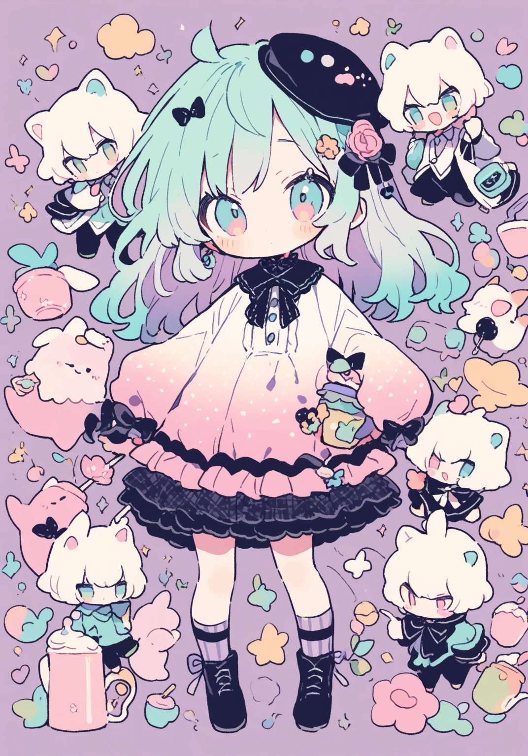 tegaki chibi 5boys pastel colors gradient flat chest Gothic full body teaparty