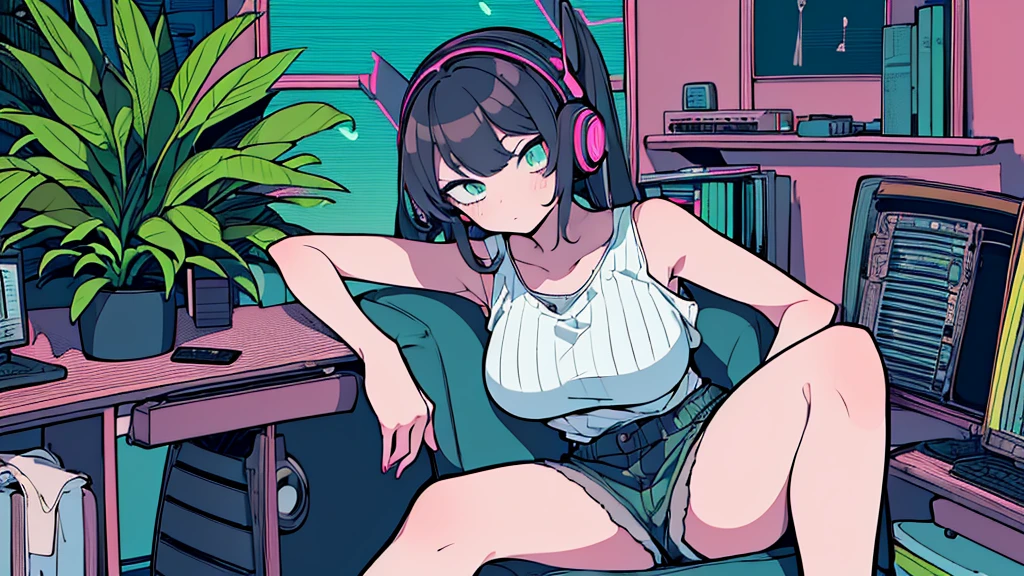 Best quality, (masterpiece:1.2), best detail face,1 girl, big breasts, 18 yo, 8k,absurdres,unity 8k wall paper,(extremely detailed:1.3), highest realistic, (retro headphones:1.1), (soft neon light:1.1), Her room full of music equipment and plants, Leaning back on the chair with a casual attitude, clothing in summer, natural color palette