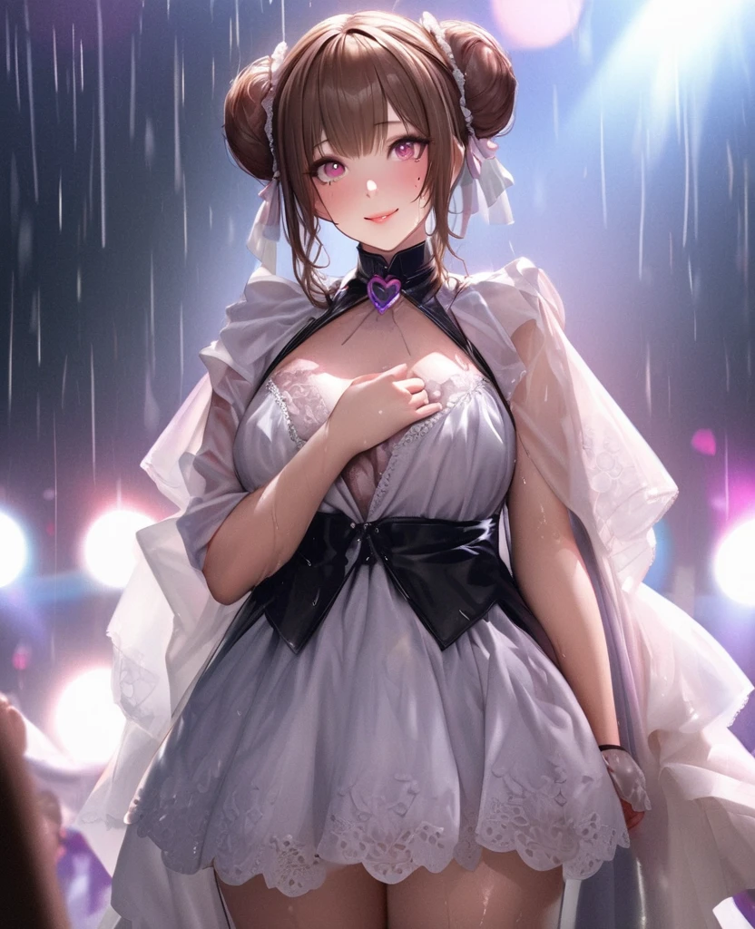 One Girl、Looking at the audience、lovely,
Beautiful pink eyes、Two brown double hair buns , Mole under the eye、Plump and glossy lips、Heart-shaped choca、Idol、Her name is May,smile、ー、。.。.。.。.。.。.。.。.。.。.。.。.。.。.。.。.。.。.3D、Realistic、
The idol's costume was soaked in the heavy rain, and her chest was wet and transparent.Heavy rain at outdoor concert, Drape clothes、gem、The decoration has been removed、Floral、Lace trim,On a glittering stage、
masterpiece、highest quality、8k、Detailed skin texture、Detailed cloth texture、Beautifully detailed face、Intricate details、Very detailed、
超A high resolution、8k Ultra HD、Film Grain、Best Shadow、delicate、Gazing at the audience、front